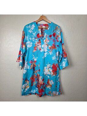 Natori Floral Cotton Split V-Neck Pajama Lounge Dress Tunic Blue Sz Small Resort